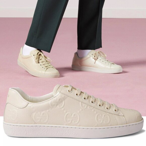 GUCCI SNEAKERS MENS ACE GG LOGO PERFORATED LEATHER SHOES sz 13.5 14 - Picture 1 of 16